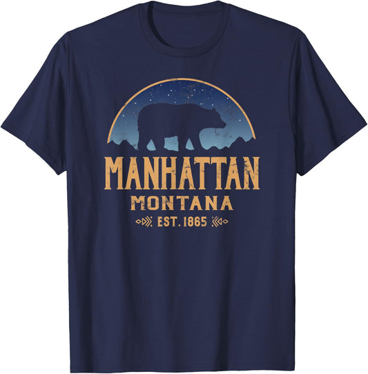 Manhattan Montana MT Big Sky Country Bear & Mountains T-Shirt - T-Shirt | Navy