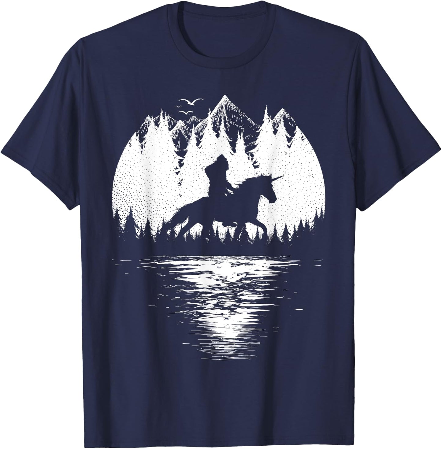Bigfoot Riding Unicorn amidst Trees! Funny Sasquatch Unicorn T-Shirt - T-Shirt | Navy