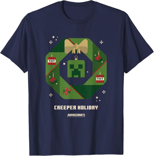 Minecraft Christmas Creeper Holiday Xmas Crown Portrait T-Shirt - T-Shirt | Navy