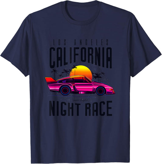 Vintage American California Night Race with Cars Graphic T-Shirt - T-Shirt | Navy