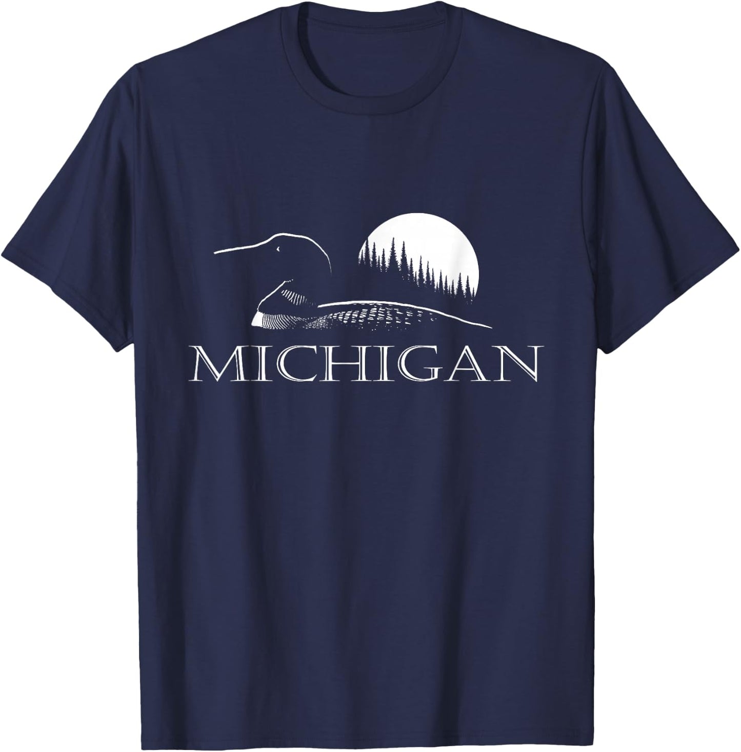Michigan - Loon and Trees in Moonlight T-Shirt - T-Shirt | Navy