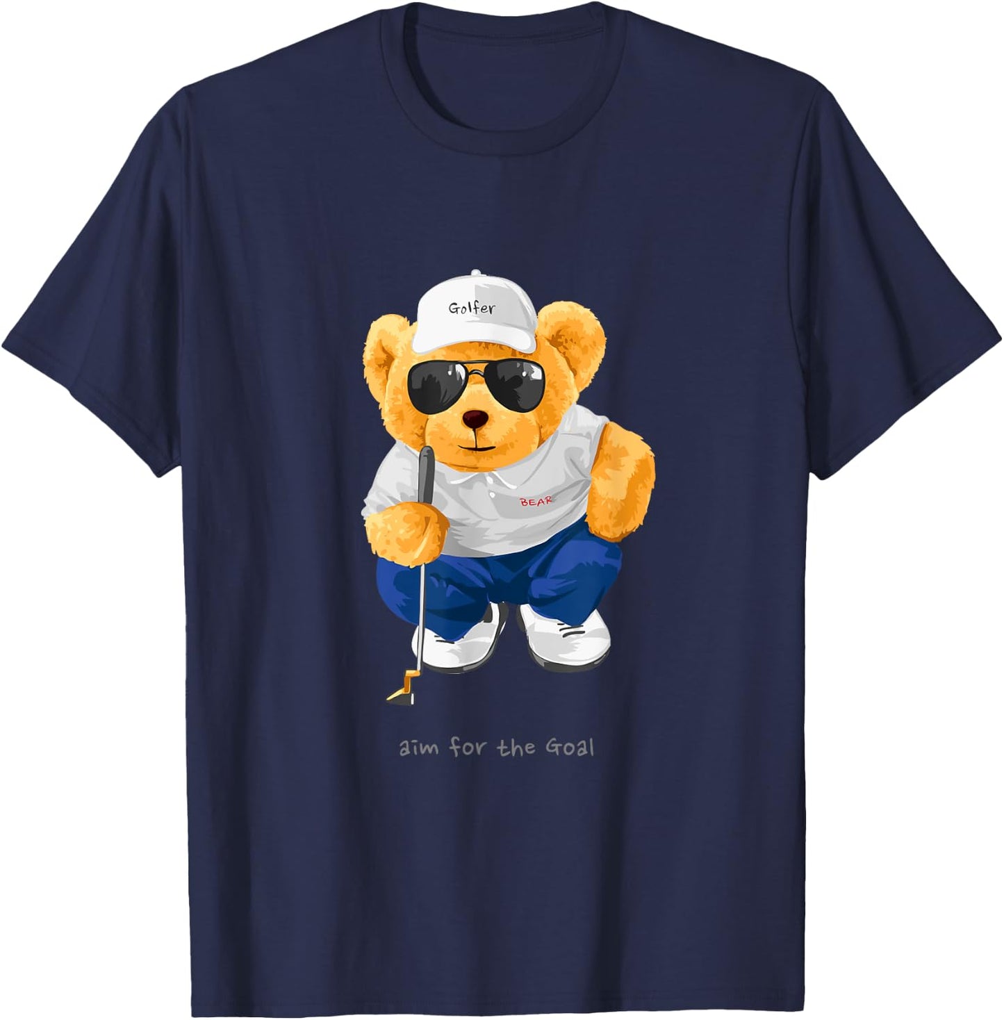 Cool Wild Teddy Bear Playing Golf Style Illustration Graphic T-Shirt - T-Shirt | Navy