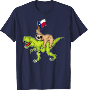 Texas Flag Dinosaur Sloth Lover Kids USA Texas T-Shirt - T-Shirt | Navy