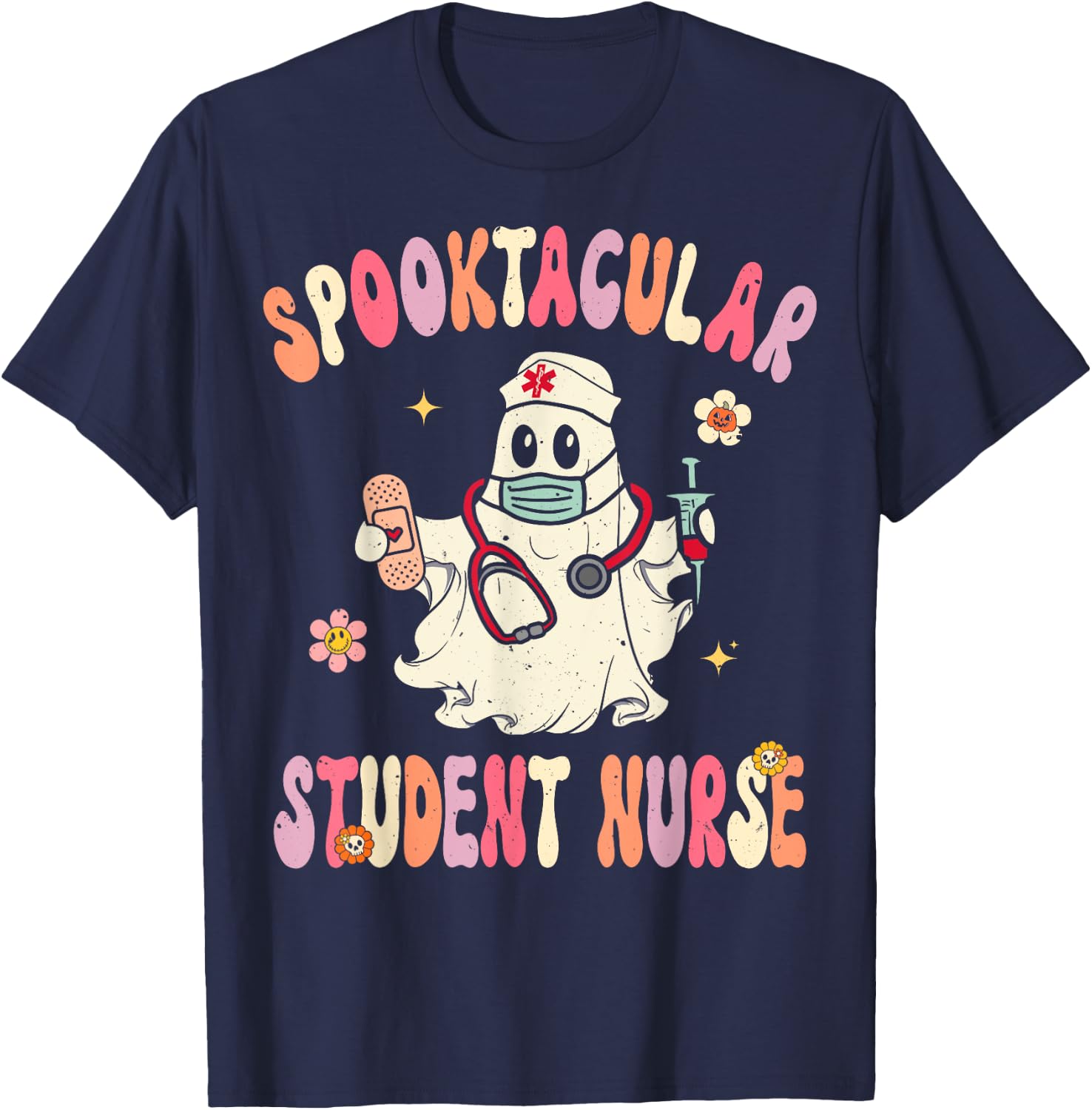 Spooktacular Student Nurse Retro Halloween Ghost Nursing T-Shirt - T-Shirt | Navy