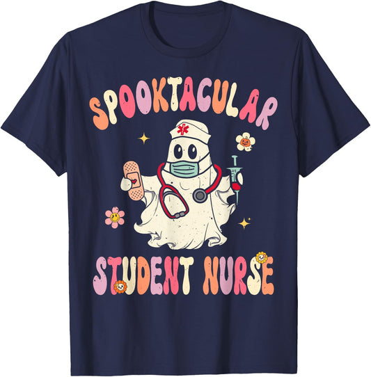 Spooktacular Student Nurse Retro Halloween Ghost Nursing T-Shirt - T-Shirt | Navy