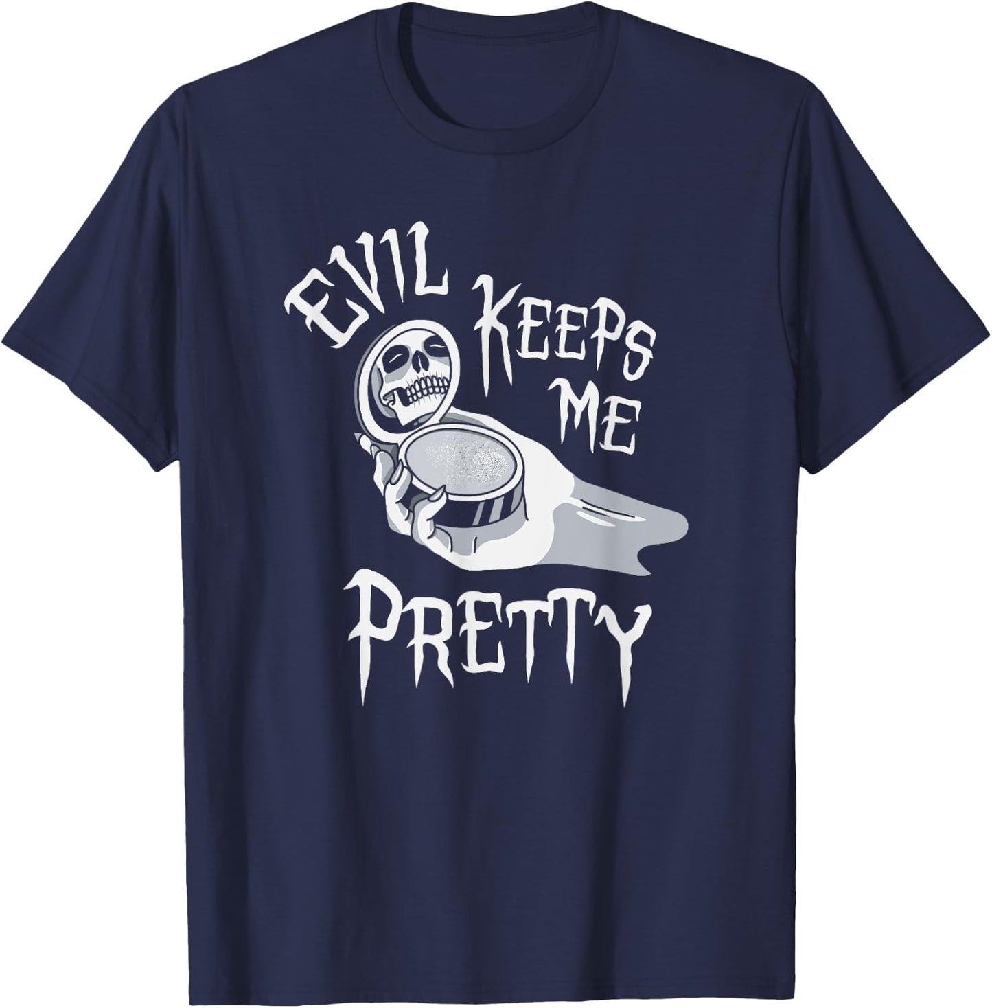 Evil Keeps Me Pretty Cosmetic Makeup Compact Skeleton Skull T-Shirt - T-Shirt | Navy