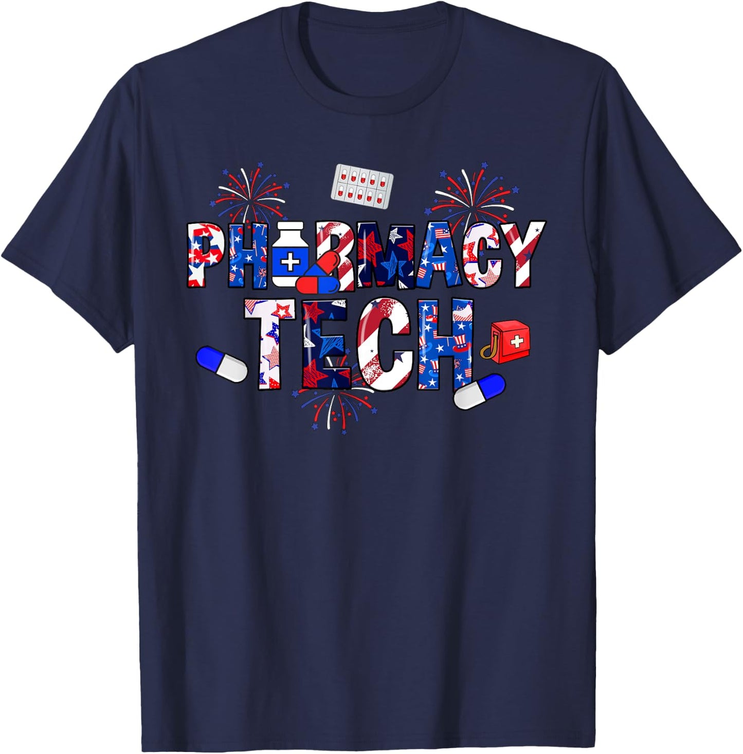 Pharmacy Tech Stethoscope USA Flag Patriotic 4th Of July Men T-Shirt - T-Shirt | Navy