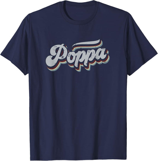 Poppa Retro Vintage Distressed Rainbow Gift T-Shirt - T-Shirt | Navy