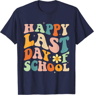 Happy Last Day of School Groovy Teacher Student Graduation T-Shirt - T-Shirt | Navy