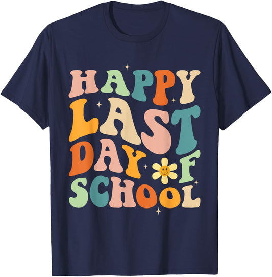 Happy Last Day of School Groovy Teacher Student Graduation T-Shirt - T-Shirt | Navy
