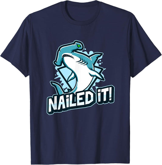 Funny Hammerhead Sharks Boys Dad Joke NAILED IT Shark T-Shirt - T-Shirt | Navy