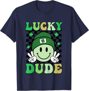 Kids Groovy Lucky Dude Shamrock Smile Boys Kids St. Patrick's Day T-Shirt - T-Shirt | Navy