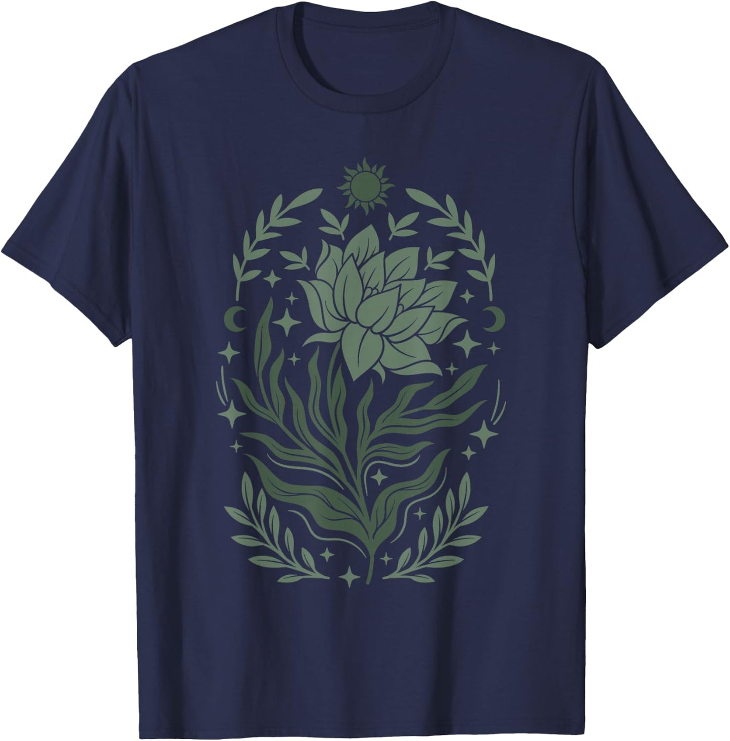Sage & Green Flowers Sun Crescent Moon Boho Floral Celestial T-Shirt - T-Shirt | Navy