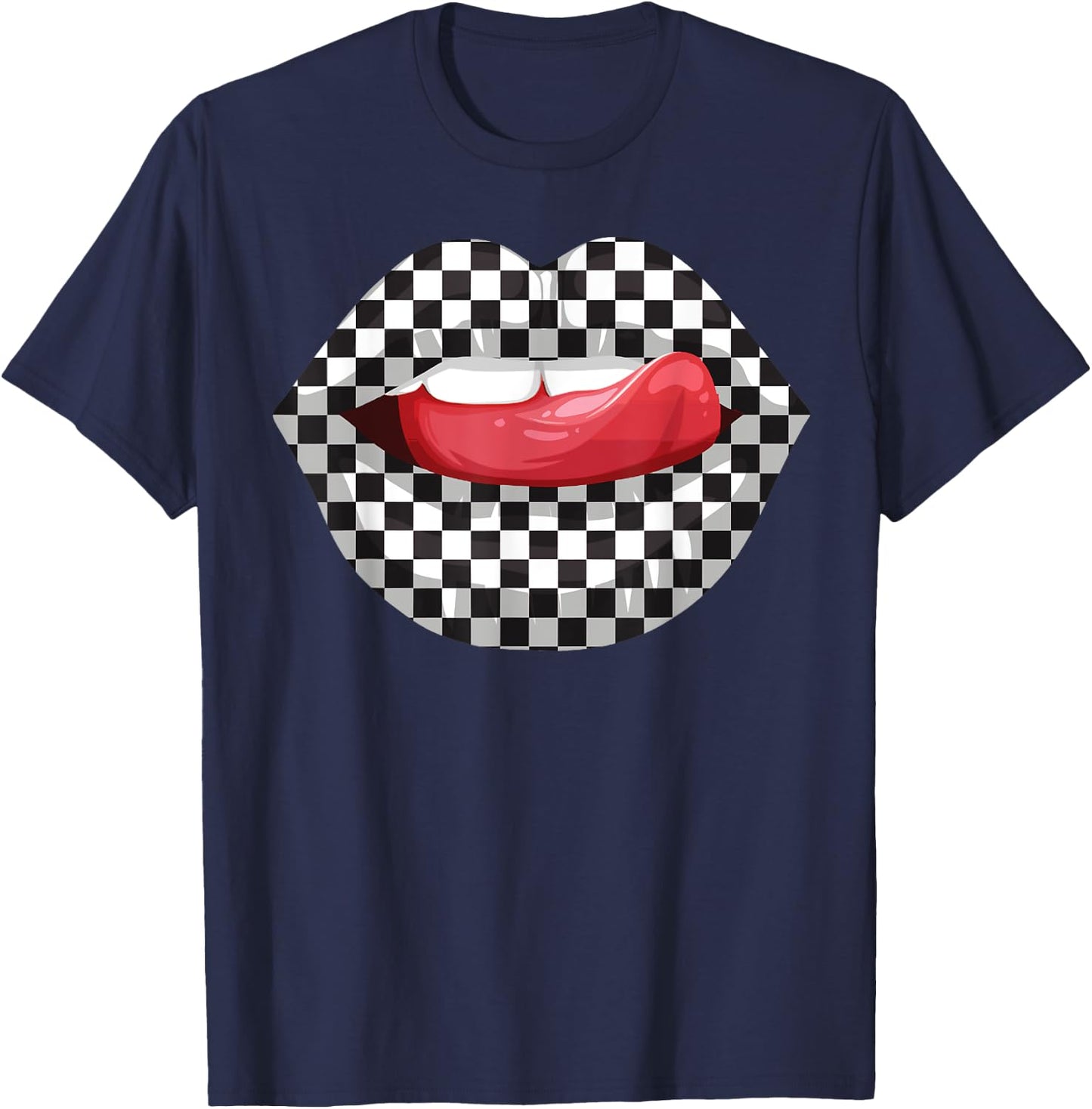 Cute Checkered Art Women Checkerboard Checkered Lips T-Shirt - T-Shirt | Navy