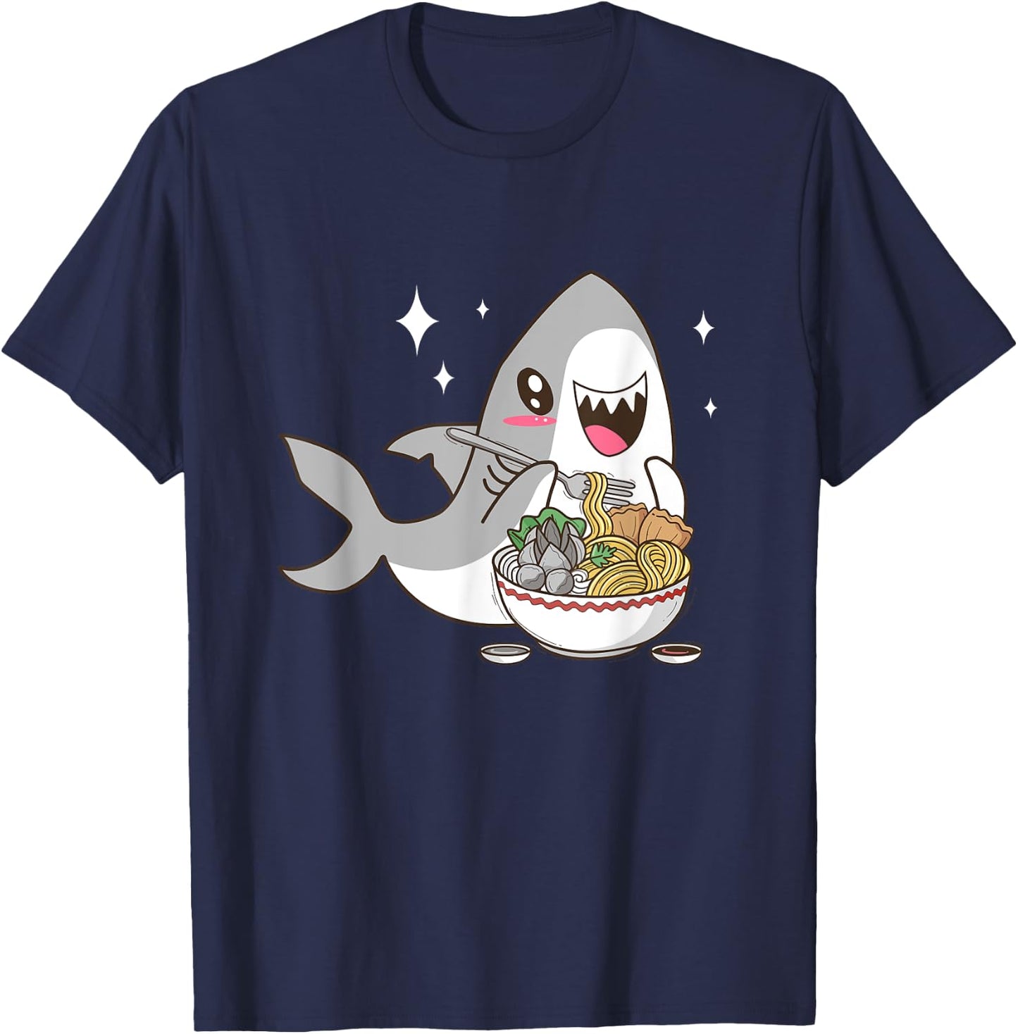 Cute Japanese Anime Chibi Kawaii Shark Eat Ramen Kids Girls T-Shirt - T-Shirt | Navy