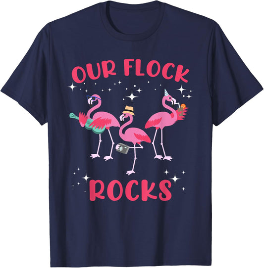Our Flock Rocks Flamingo Matching Family Vacation Group T-Shirt - T-Shirt | Navy