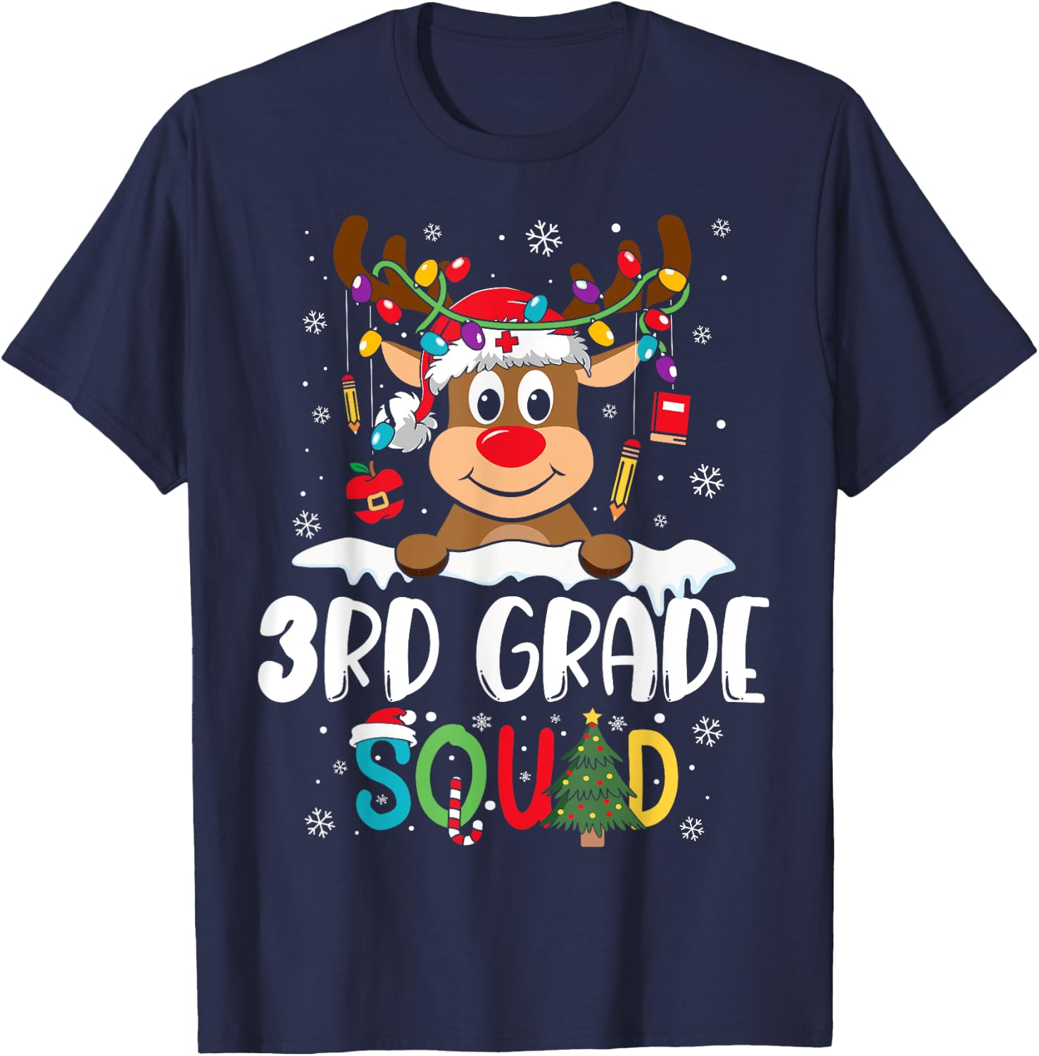 3rd Grade Teacher Squad Funny Reindeer Teacher Christmas T-Shirt - T-Shirt | Navy