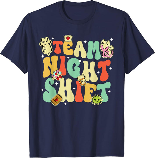 Team Night Shift Nurse Life RN LPN CNA Healthcare Heartbeat T-Shirt - T-Shirt | Navy