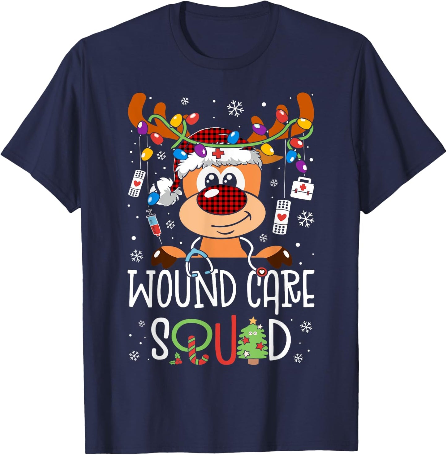 Reindeer Christmas Wound Care Squad Stethoscope Nurse T-Shirt - T-Shirt | Navy
