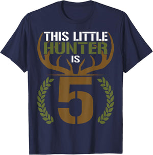 This Little Hunter is 5 Years Old 5th Birthday Deer Hunter T-Shirt - T-Shirt | Navy