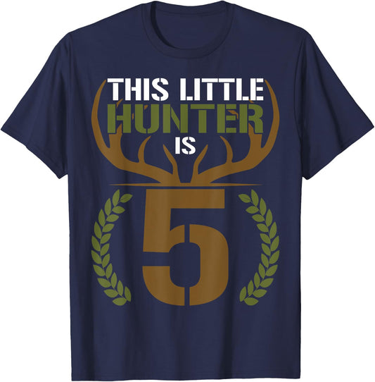 This Little Hunter is 5 Years Old 5th Birthday Deer Hunter T-Shirt - T-Shirt | Navy