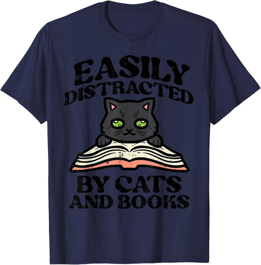 Easily Distracted Cats Books Librarian Women Girls Kids Teen T-Shirt - T-Shirt | Navy