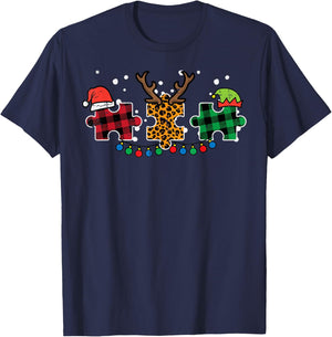 Christmas Leopard Plaid Puzzle Autism Xmas Men Women Kids T-Shirt - T-Shirt | Navy