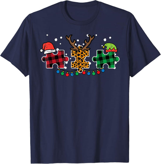 Christmas Leopard Plaid Puzzle Autism Xmas Men Women Kids T-Shirt - T-Shirt | Navy