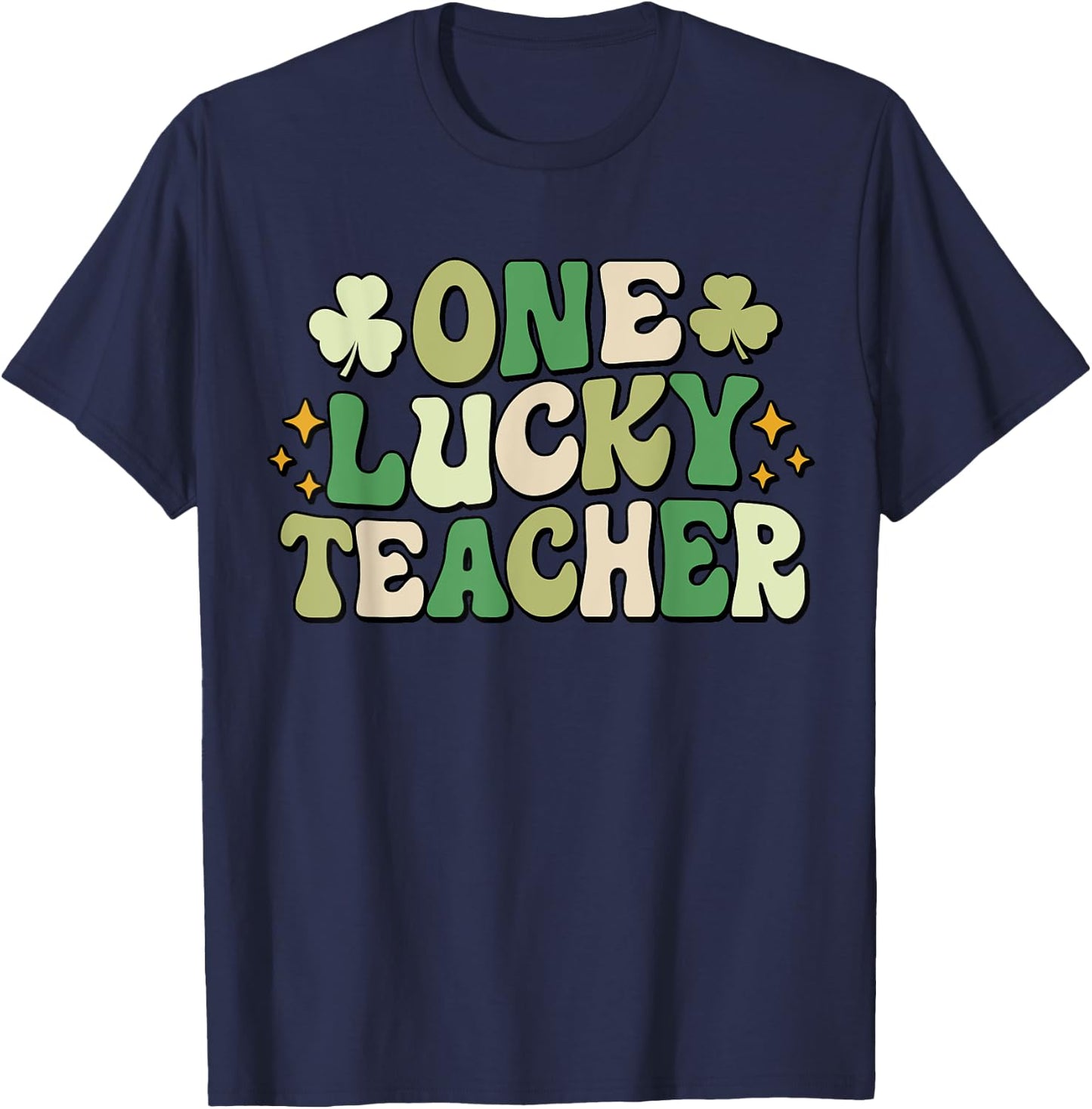One Lucky Teacher Groovy Retro Teacher St Patrick's Day Men Women Girls Kids T-Shirt - T-Shirt | Navy