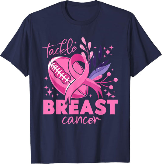 Tackle Football Pink Ribbon Breast Cancer Awareness For Boys T-Shirt - T-Shirt | Navy