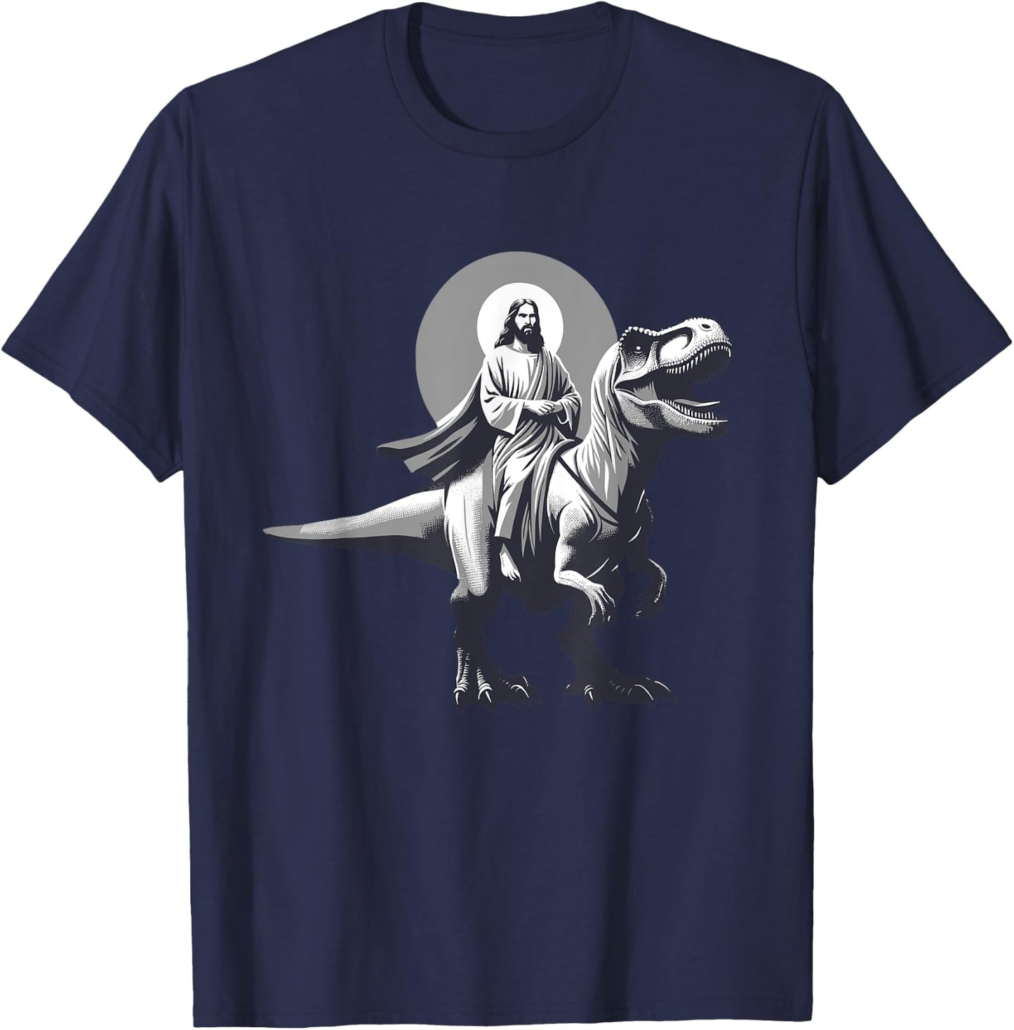 Funny Jesus Riding T-Rex Dinosaur Meme Parody for Believers T-Shirt - T-Shirt | Navy