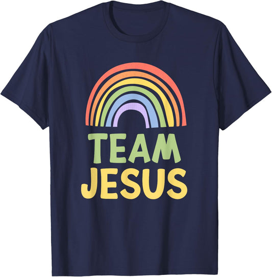 Happy Colorful Team Jesus Rainbow Pride Green Yellow T-Shirt - T-Shirt | Navy