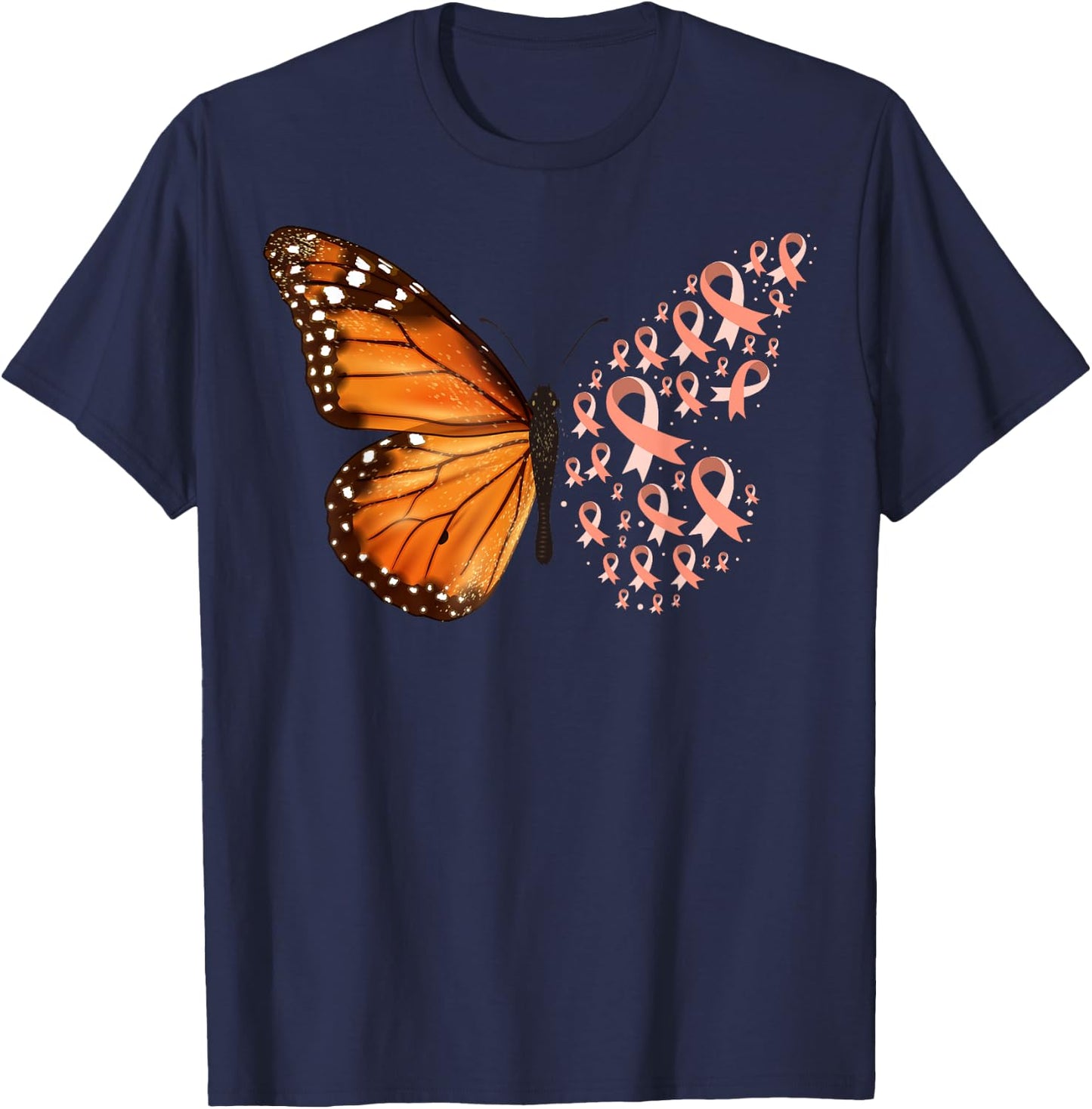 Endometrial Cancer Awareness Butterfly Peach Ribbon Month T-Shirt - T-Shirt | Navy
