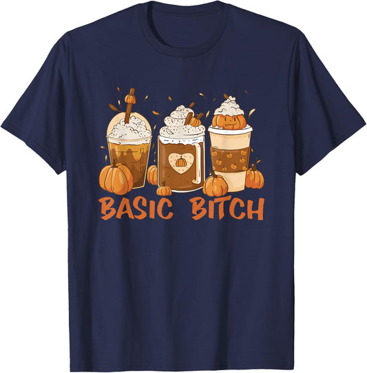 BASIC BITCH Funny Pumpkin Spice Halloween Coffee Fall Meme T-Shirt - T-Shirt | Navy