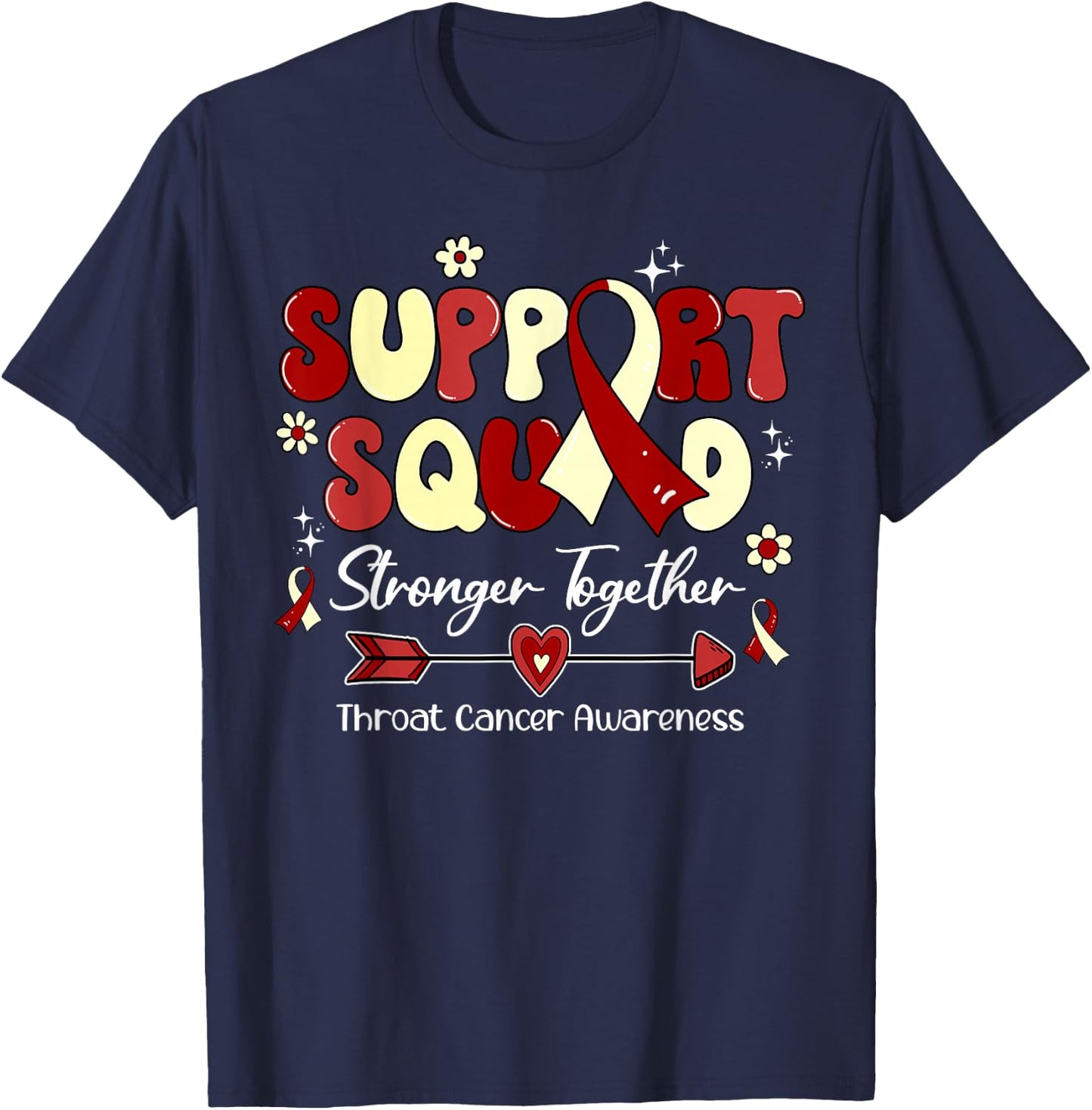 Groovy Support Squad Burgundy Ribbon Throat Cancer Awareness T-Shirt - T-Shirt | Navy