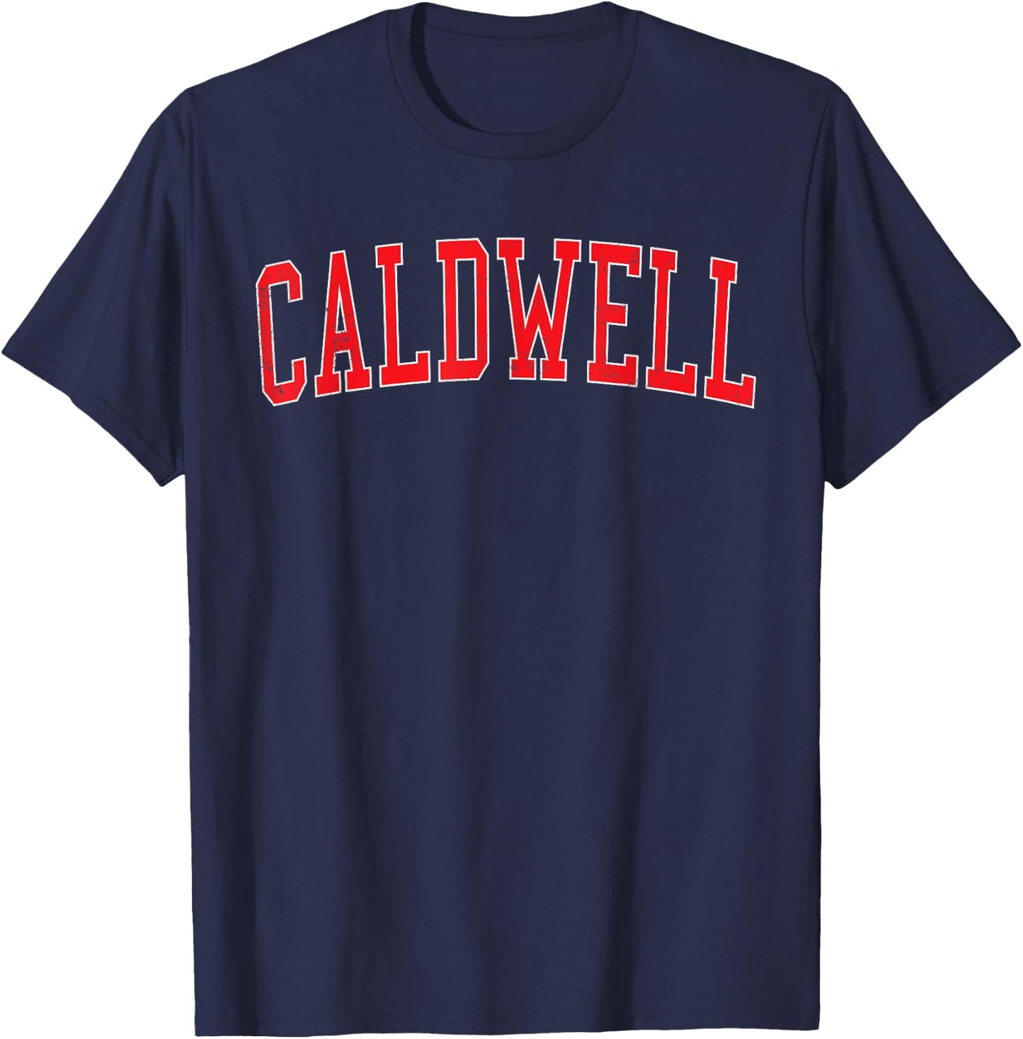 Vintage Caldwell ID Varsity Style Red Text T-Shirt - T-Shirt | Navy