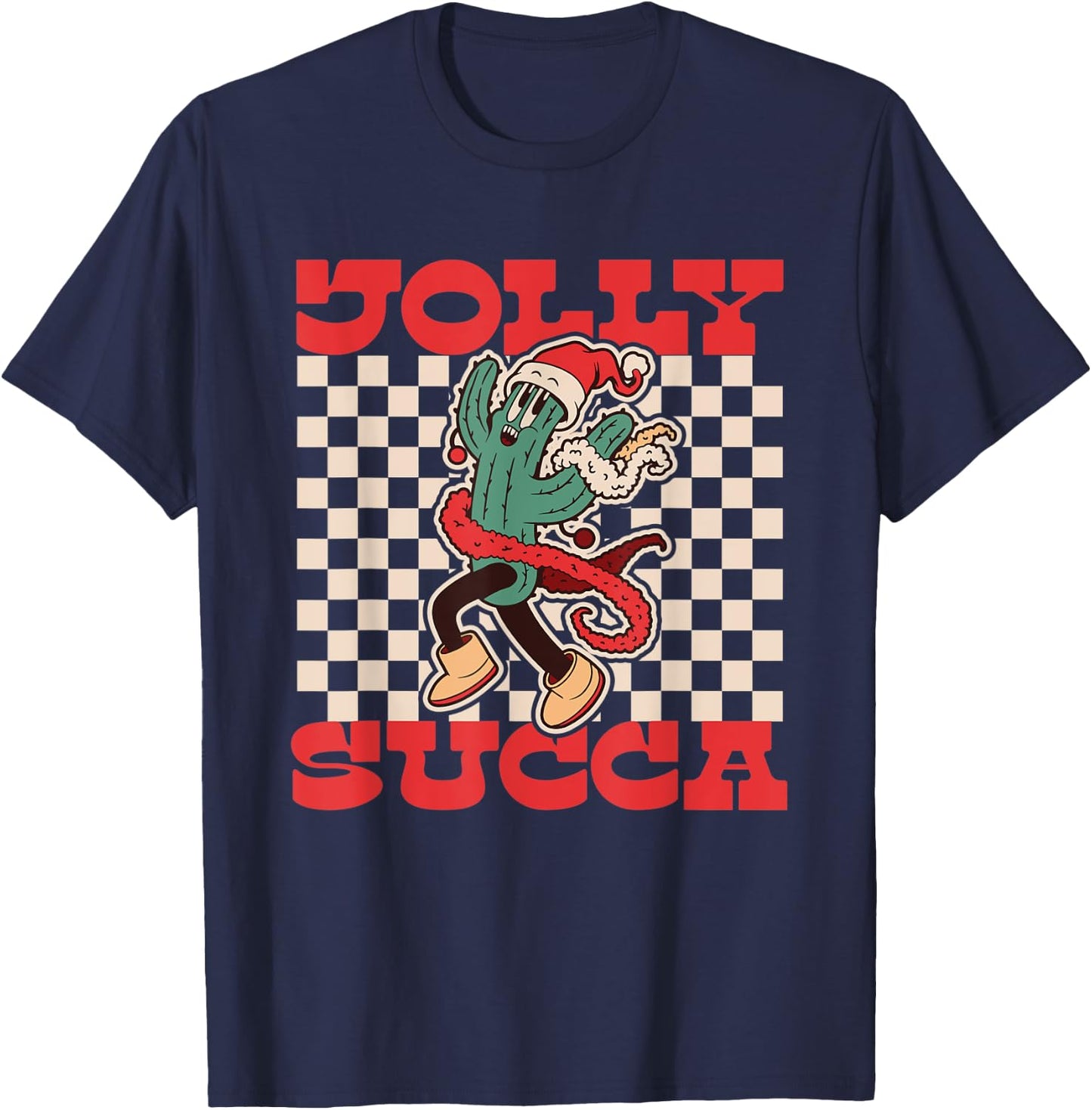 Jolly Succa | Succulent | Retro Cartoon Christmas Cactus T-Shirt - T-Shirt | Navy