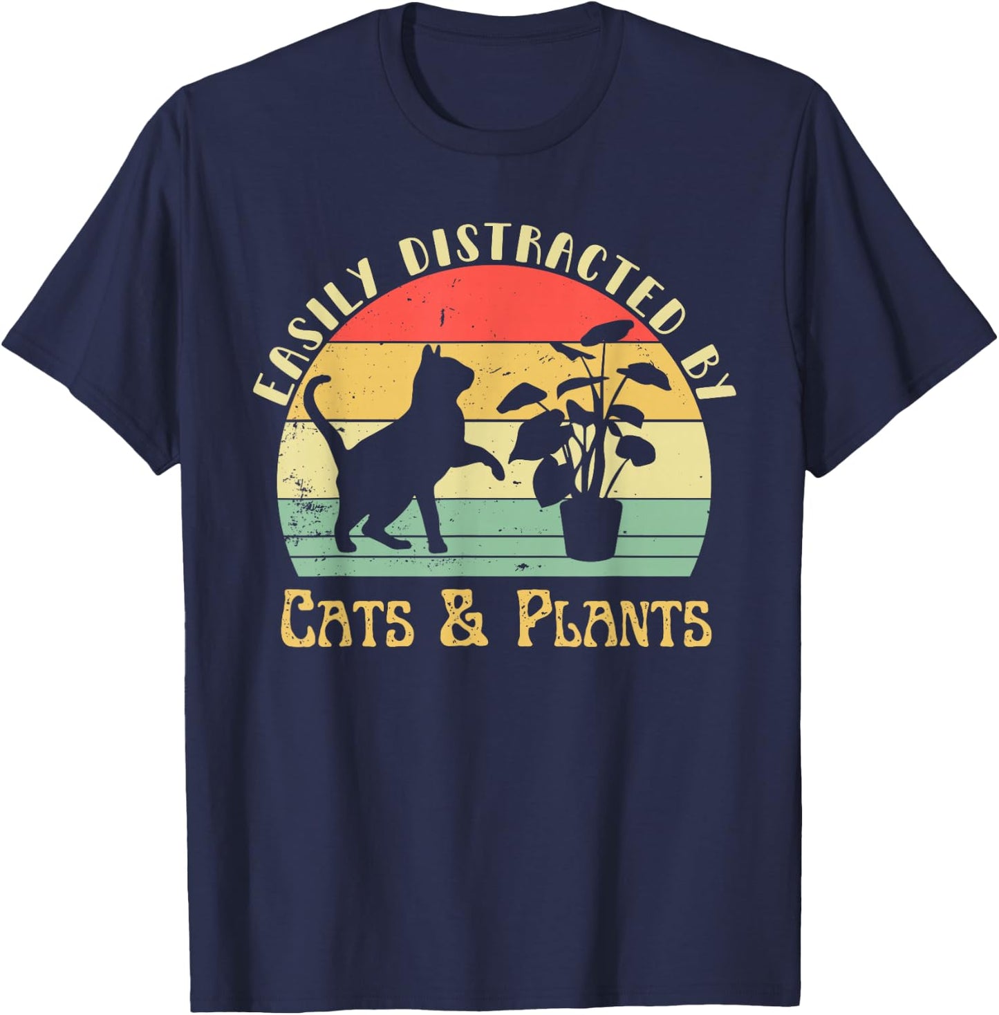 Retro Pet Cat Plant Lover Easily Distracted by Plants & Cats T-Shirt - T-Shirt | Navy
