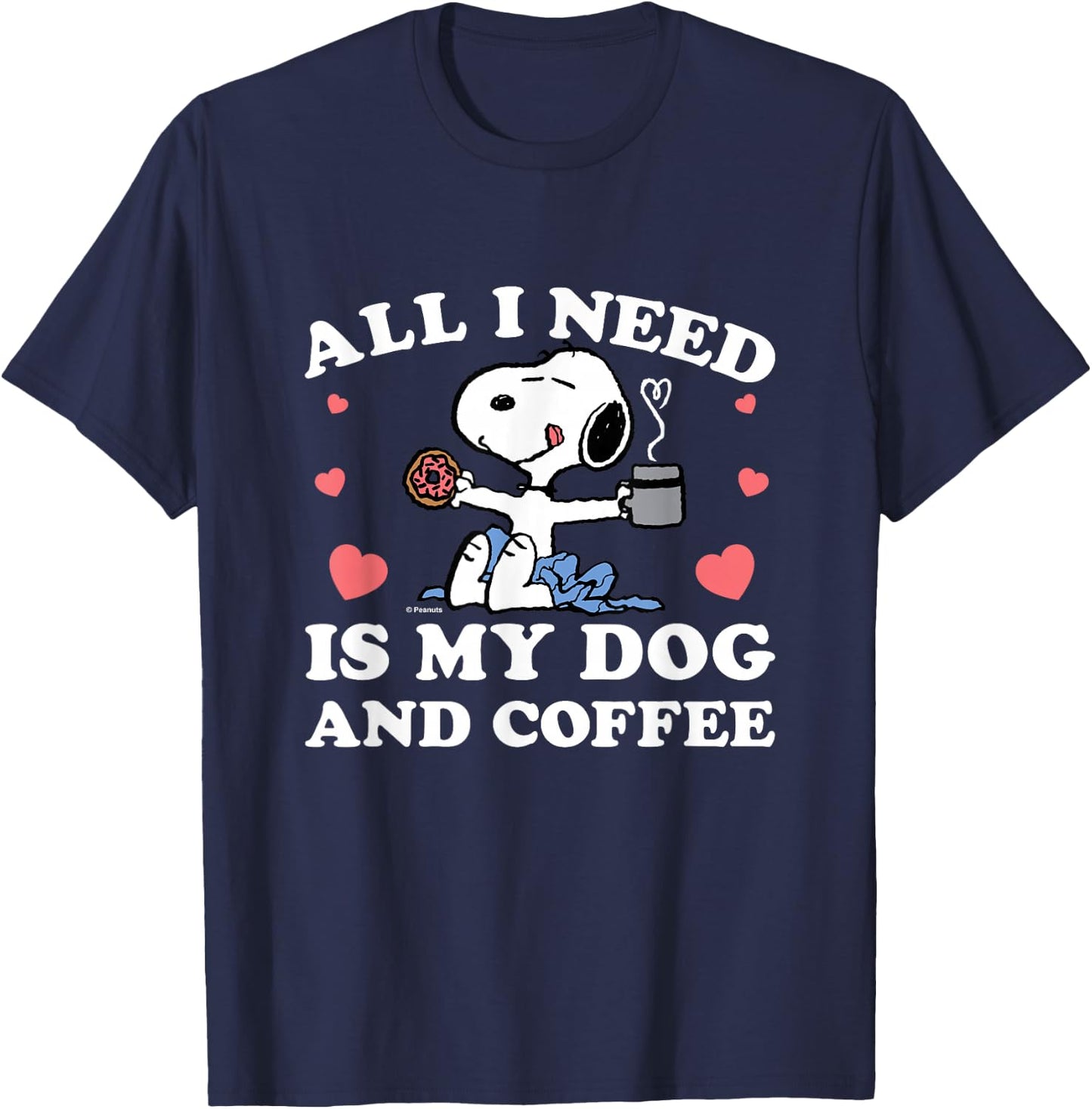Peanuts - Snoopy All I Need My Dog And Coffee Hearts T-Shirt - T-Shirt | Navy