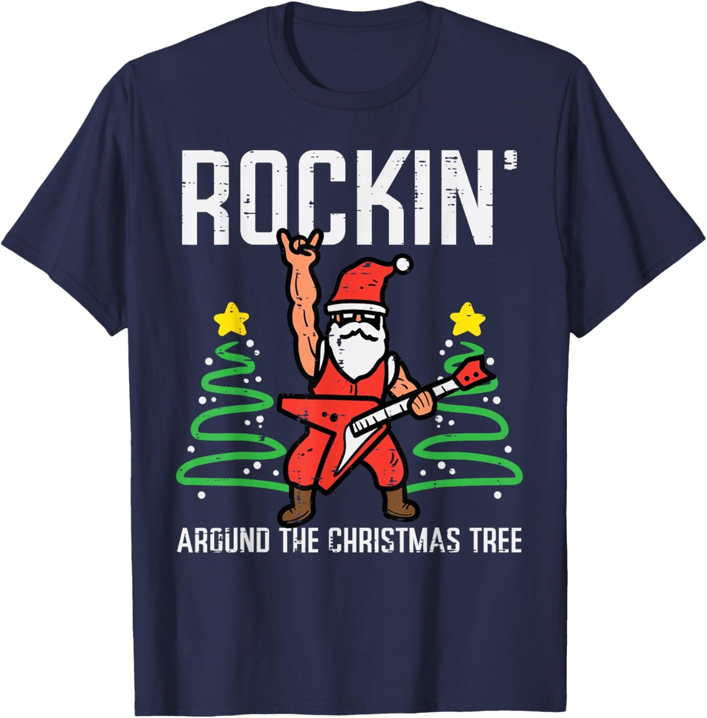 Santa Guitar Rockin Christmas Tree Funny Xmas Rocker Men Boy T-Shirt - T-Shirt | Navy