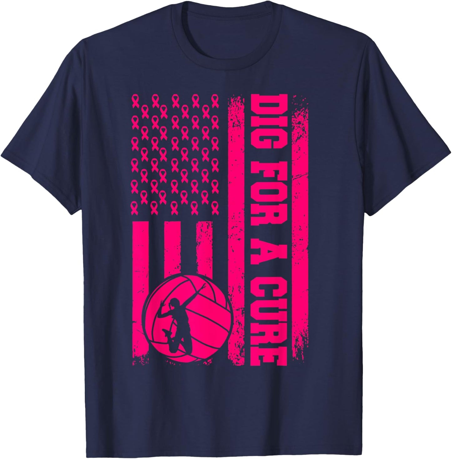 Dig For A Cure Breast Cancer Volleyball Pink American Flag T-Shirt - T-Shirt | Navy