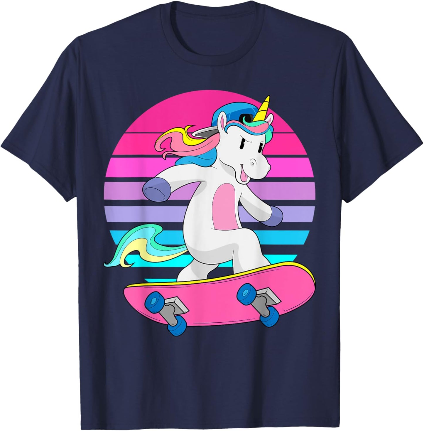 Skateboarding Unicorn Magical RAD Skateboard 80s Skater T-Shirt - T-Shirt | Navy