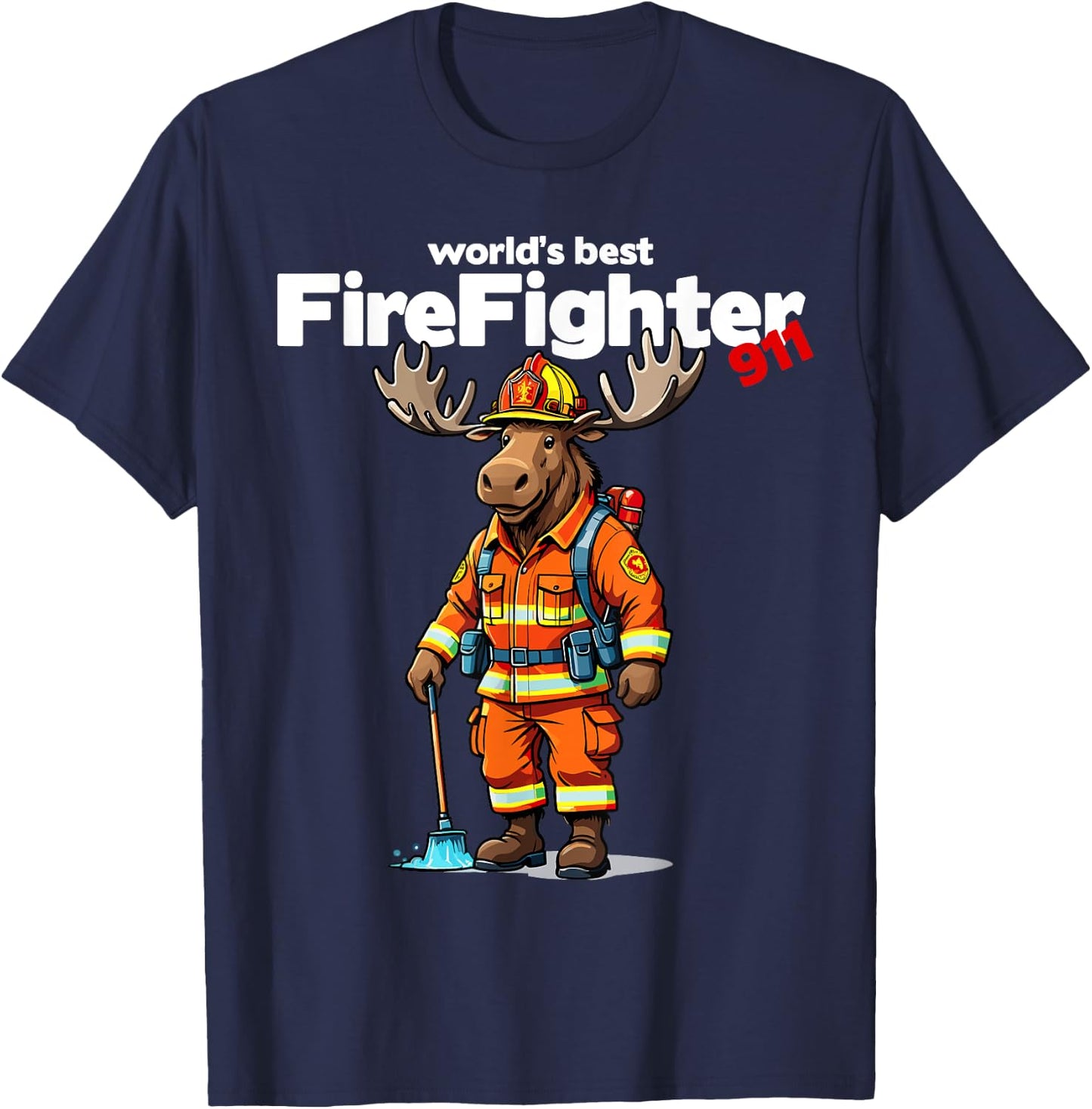World's Best Firefighter Moose Patriotic Dad Father Women Kids Men T-Shirt - T-Shirt | Navy