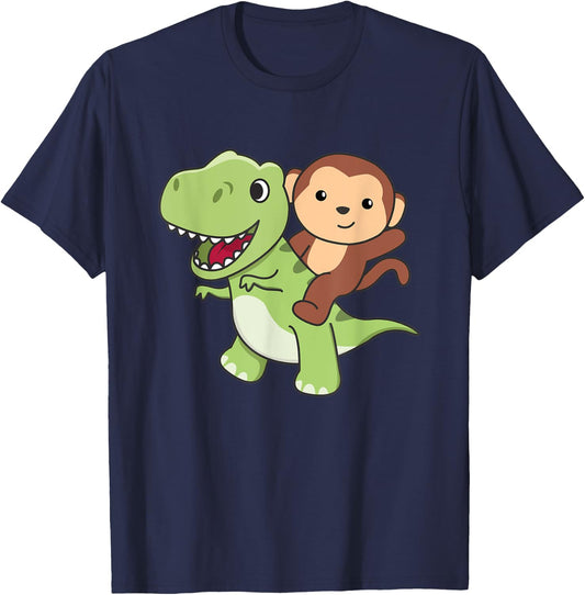Monkey Rides On T-rex Cute Tyrannosaurus With Monkeys T-Shirt - T-Shirt | Navy