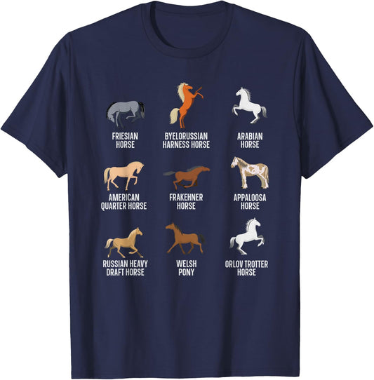 Horse Breeds Equestrian Horse Rider Racer Horseback Riding T-Shirt - T-Shirt | Navy