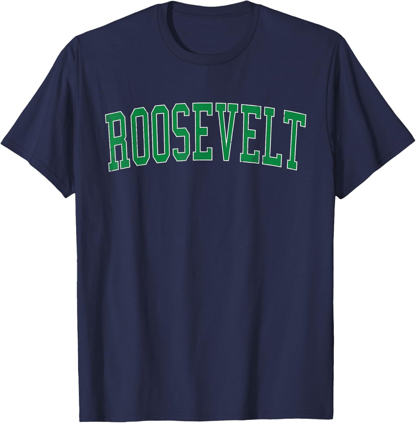 Vintage Roosevelt NY Distressed Green Varsity Style T-Shirt - T-Shirt | Navy