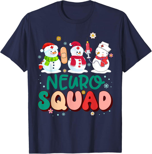 Retro Groovy Neuro Squad Nurse Snowman Stethoscope Christmas T-Shirt - T-Shirt | Navy