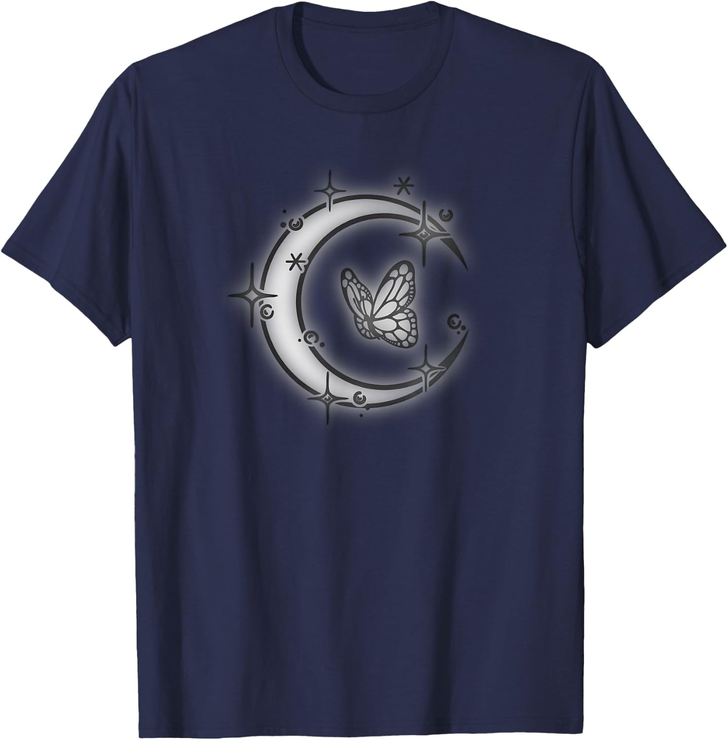 Butterfly and Moon Glow in the Starry Sky T-Shirt - T-Shirt | Navy