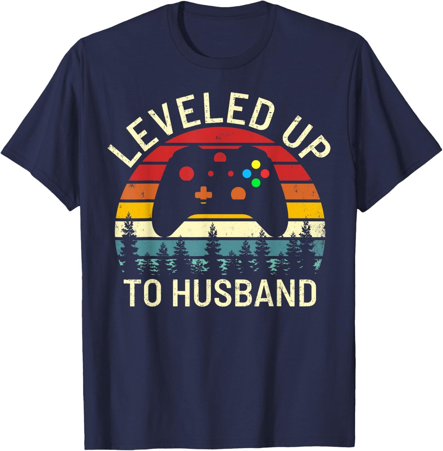Vintage Leveled Up to Husband Newly Married Funny Video Game T-Shirt - T-Shirt | Navy