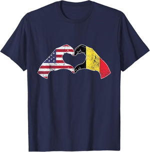 USA Belgium Hand Flag Heart Belgian Americans Love T-Shirt - T-Shirt | Navy